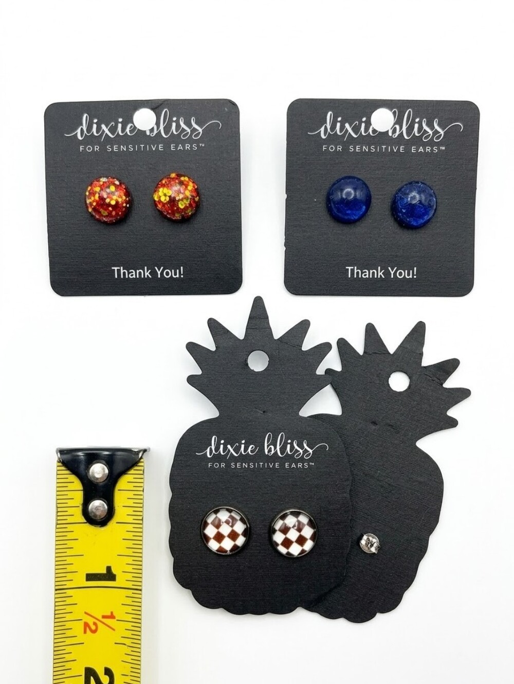 NIP 3 Pr Dixie Bliss Hypoallergenic Stud Earrings Glitter Cobalt Chessboard